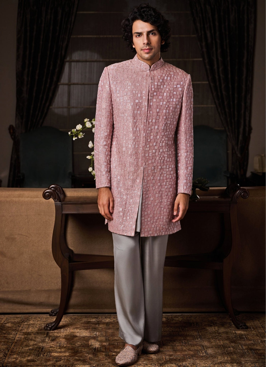 Dusty Pink and Grey Raw Silk Sherwani with Farsi Pyjama Nitika Gujral - Men - Fabilicious Fashion