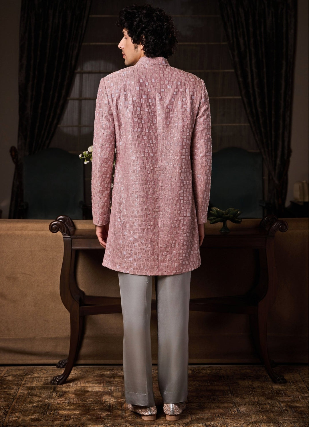 Dusty Pink and Grey Raw Silk Sherwani with Farsi Pyjama Nitika Gujral - Men - Fabilicious Fashion