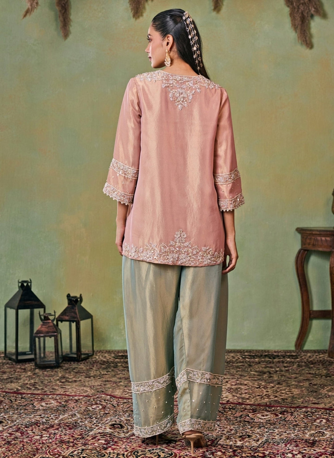 Seema Thukral Dusty Pink And Sage Green Tissue Kurta Salwar SetFabilicious Fashion