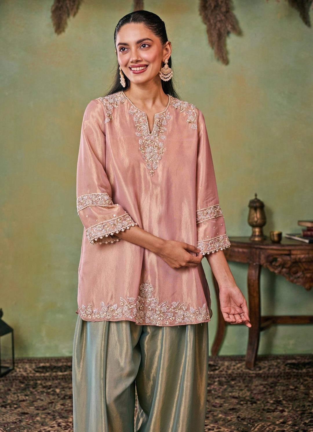 Seema Thukral Dusty Pink And Sage Green Tissue Kurta Salwar SetFabilicious Fashion