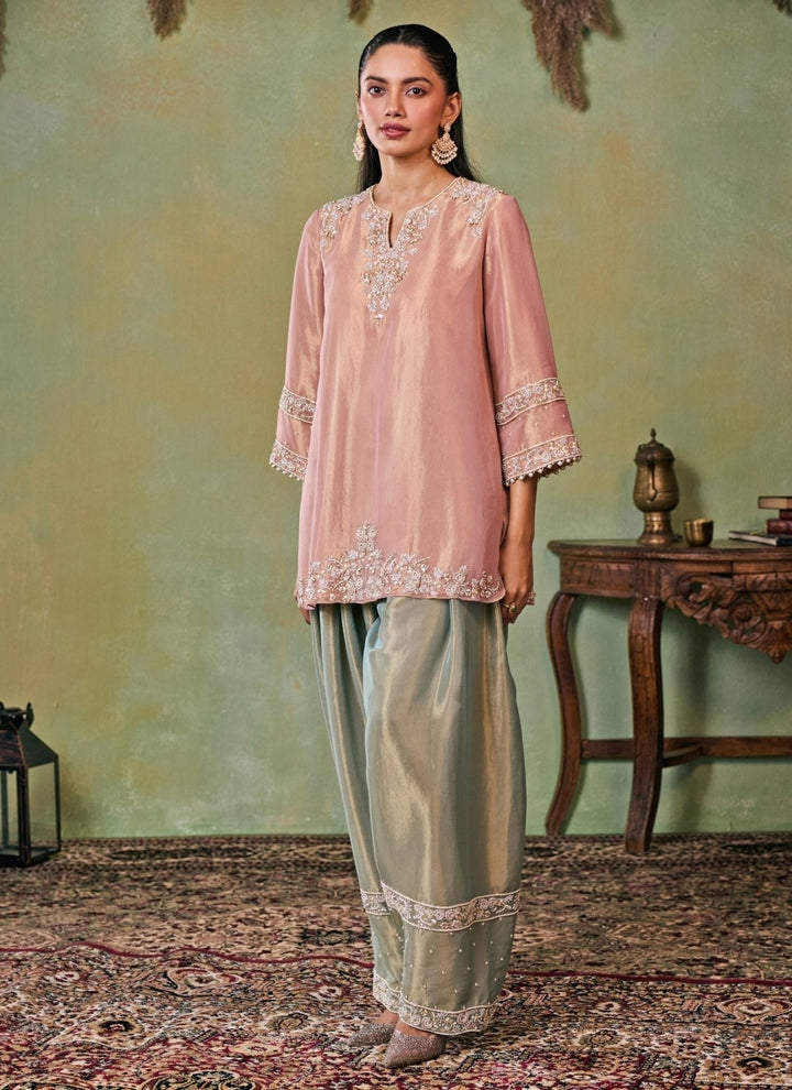 Seema Thukral Dusty Pink And Sage Green Tissue Kurta Salwar SetFabilicious Fashion