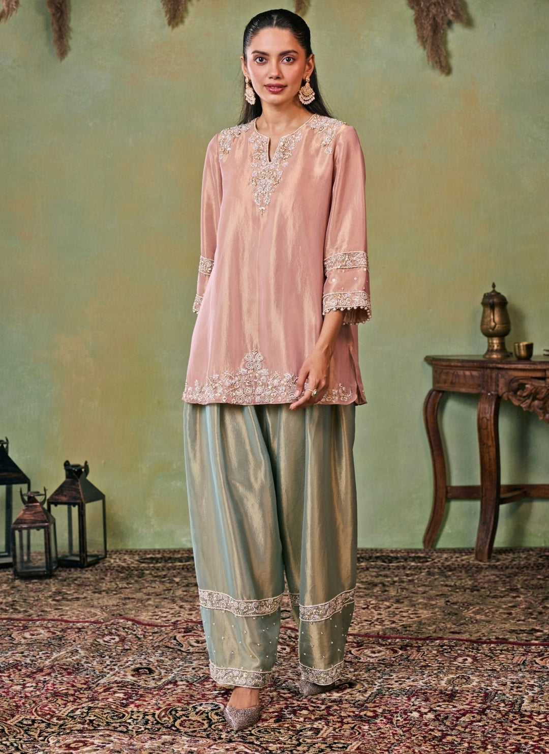 Seema Thukral Dusty Pink And Sage Green Tissue Kurta Salwar SetFabilicious Fashion