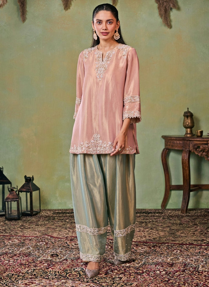Seema Thukral Dusty Pink And Sage Green Tissue Kurta Salwar SetFabilicious Fashion