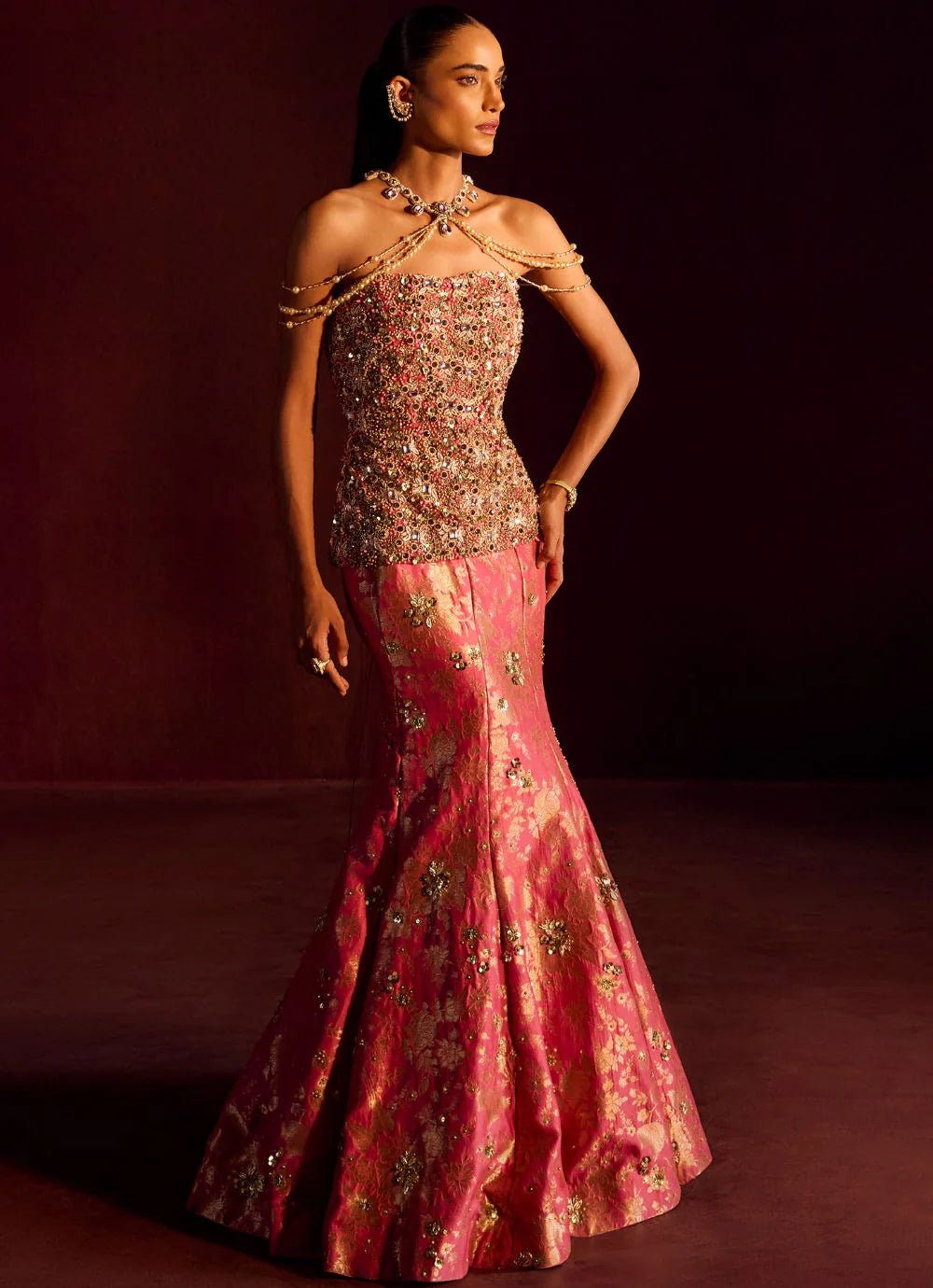 Dusty Pink Brocade Silk Corset Skirt Set Prevasu - Fabilicious Fashion