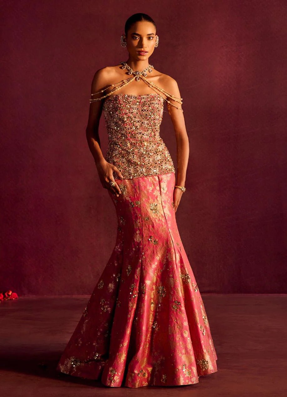 Dusty pink brocade silk corset skirt set for an engagement or daytime function by Prevasu, made to measure