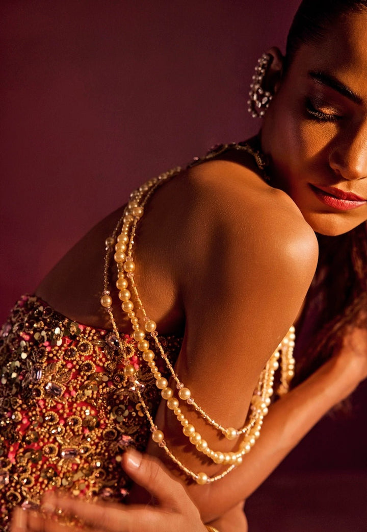 Dusty Pink Brocade Silk Corset Skirt Set Prevasu - Fabilicious Fashion