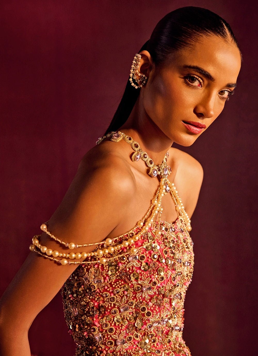 Dusty Pink Brocade Silk Corset Skirt Set Prevasu - Fabilicious Fashion