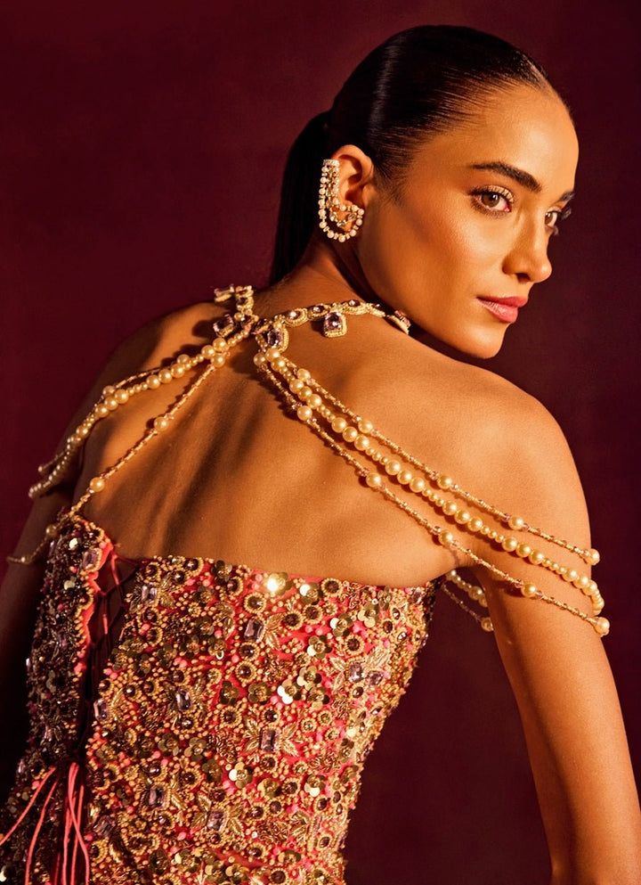 Dusty Pink Brocade Silk Corset Skirt Set Prevasu - Fabilicious Fashion