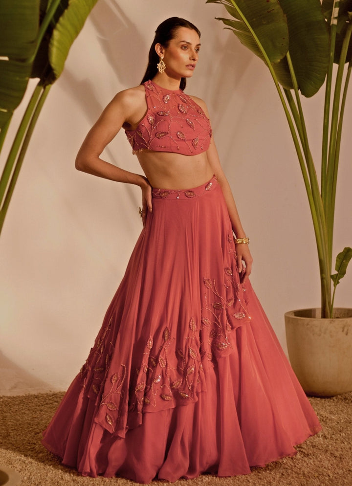 Dusty Pink Drape Lehenga Set Silky Bindra - Fabilicious Fashion