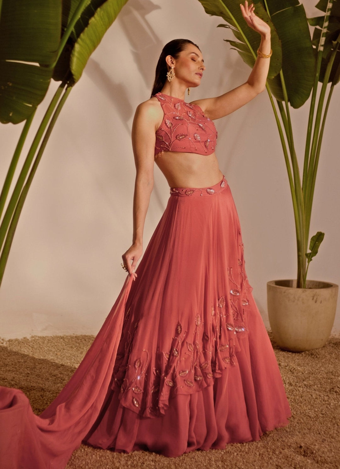 Dusty Pink Drape Lehenga Set Silky Bindra - Fabilicious Fashion