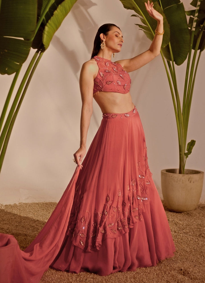 Dusty Pink Drape Lehenga Set Silky Bindra - Fabilicious Fashion