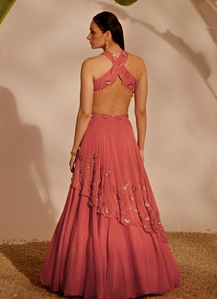 Dusty Pink Drape Lehenga Set Silky Bindra - Fabilicious Fashion