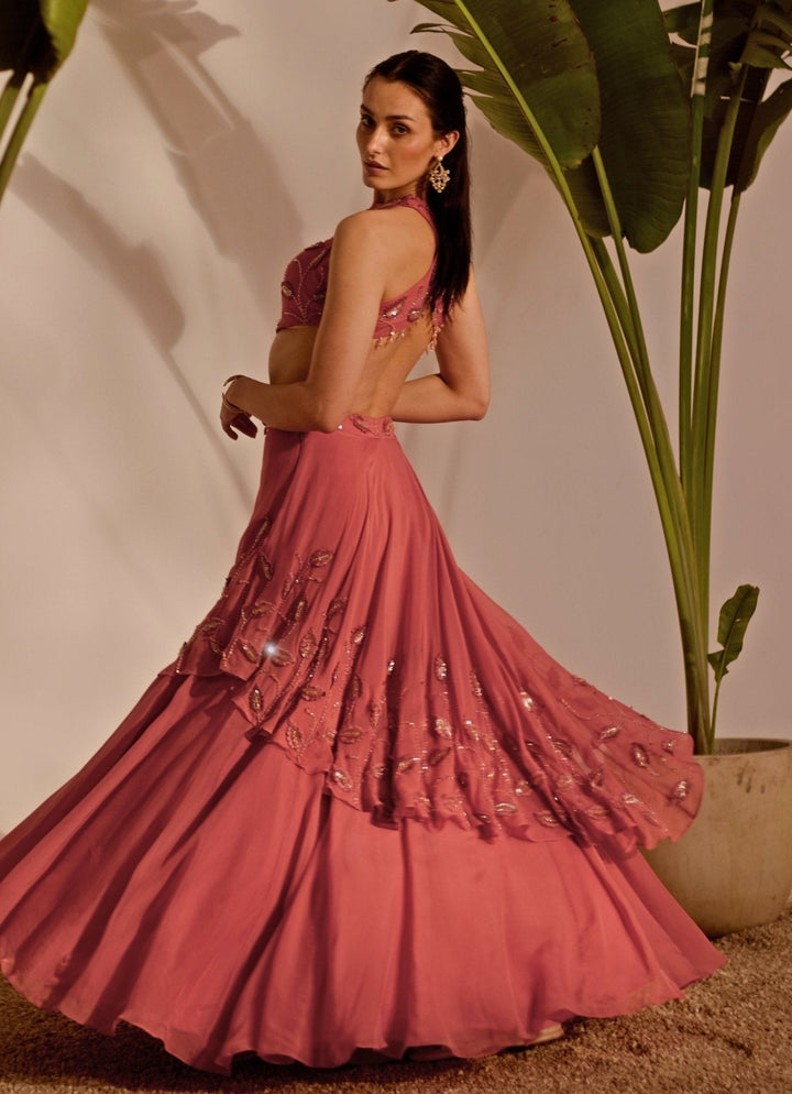 Dusty Pink Drape Lehenga Set Silky Bindra - Fabilicious Fashion