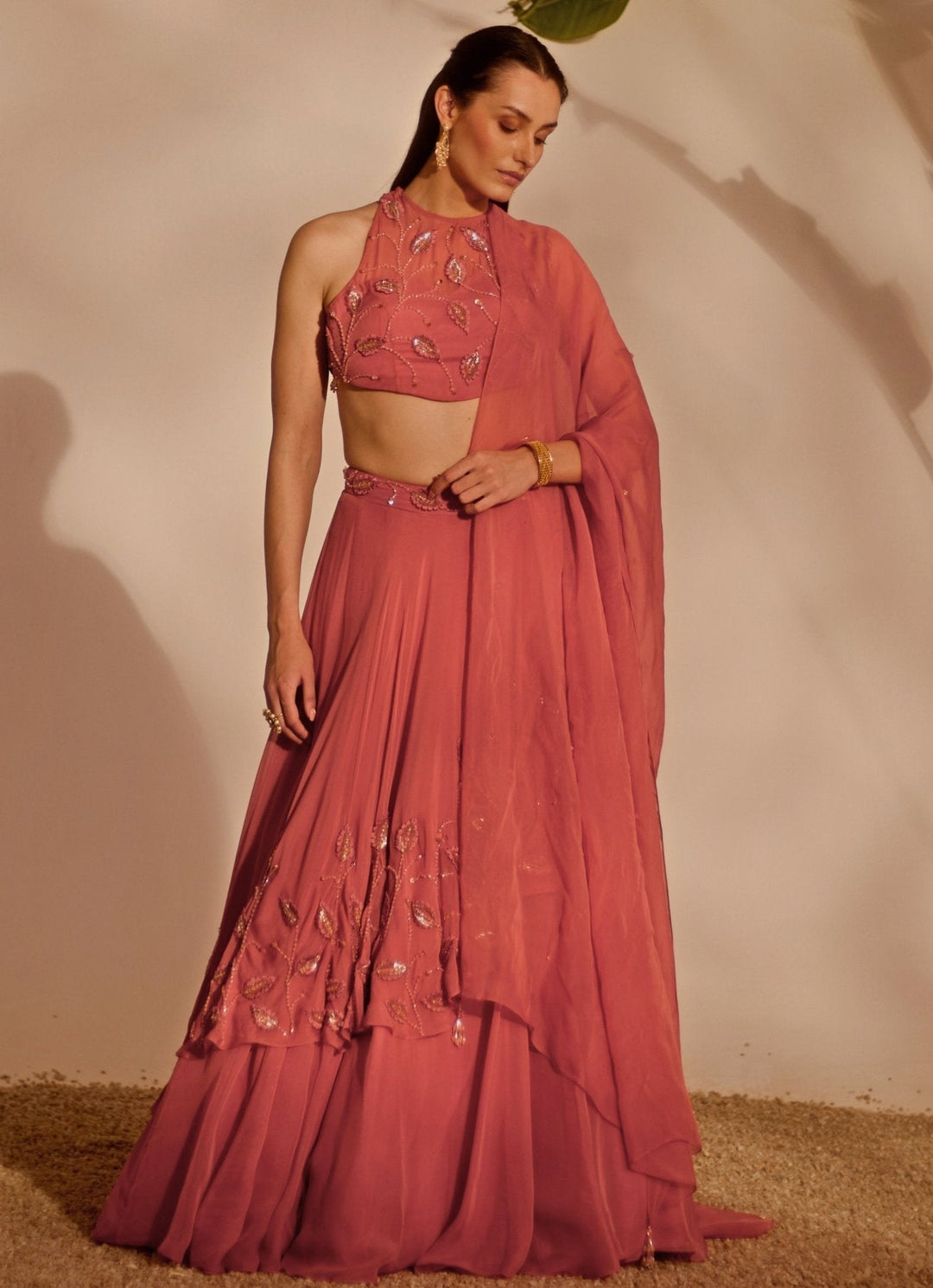 Dusty Pink Drape Lehenga Set Silky Bindra - Fabilicious Fashion