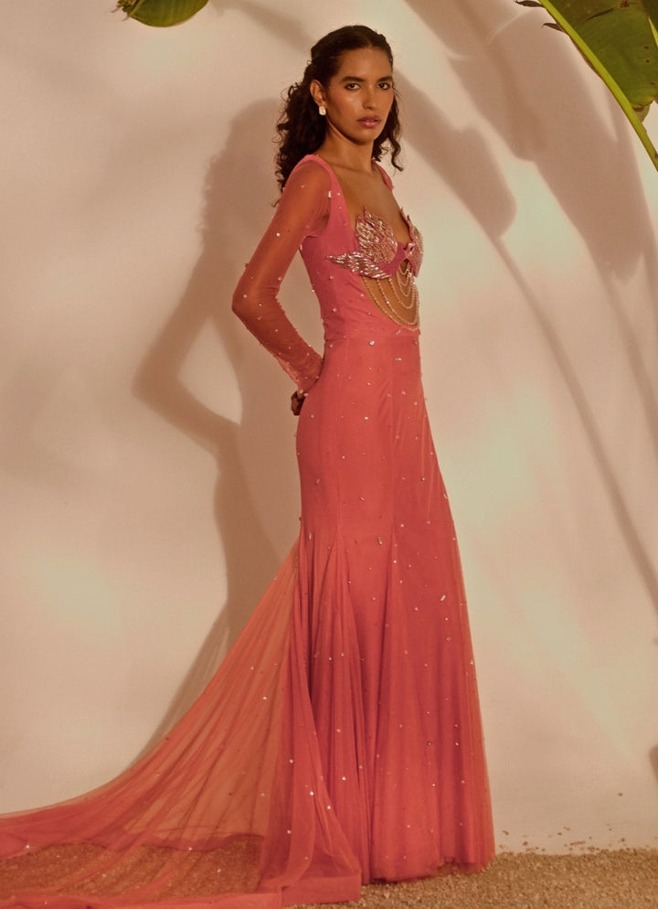 Dusty Pink Embroidered Godet Gown Silky Bindra - Fabilicious Fashion