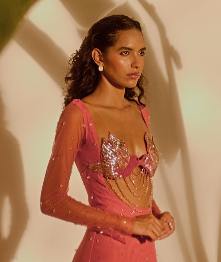 Dusty Pink Embroidered Godet Gown Silky Bindra - Fabilicious Fashion