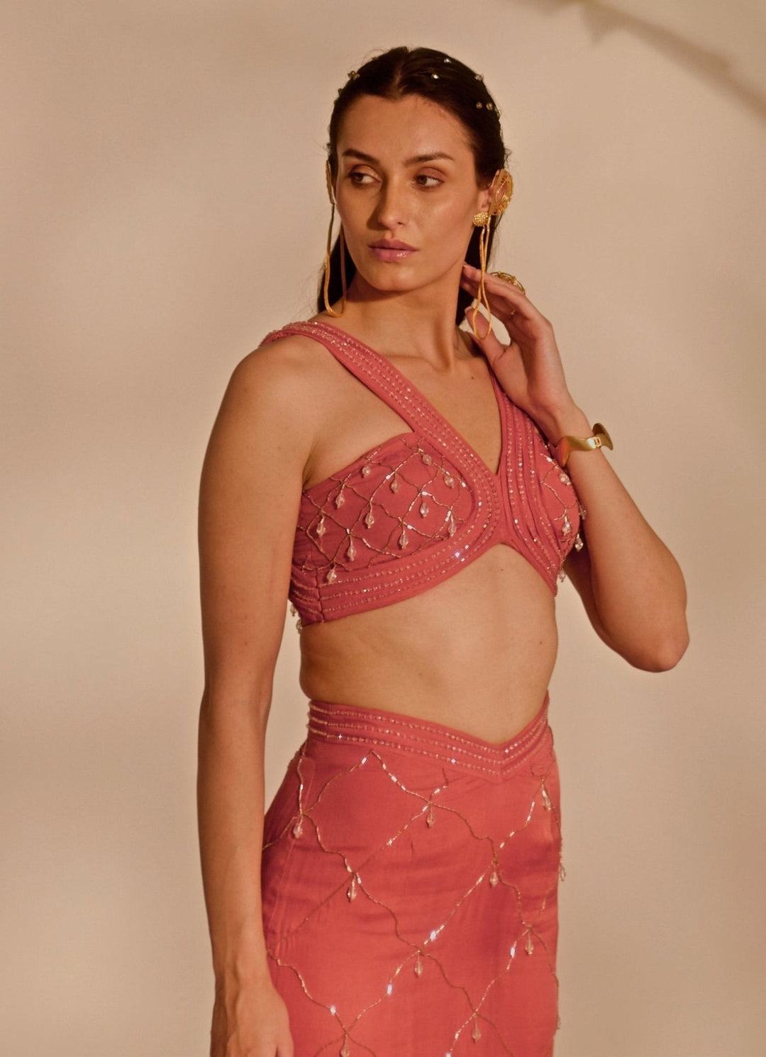 Dusty Pink Embroidered Mermaid Skirt Set Silky Bindra - Fabilicious Fashion