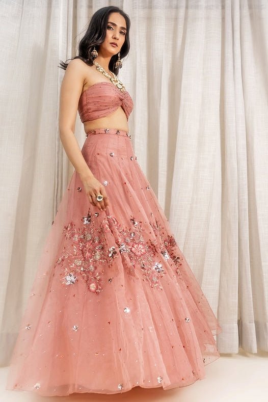 Dusty Pink Embroidered Organza Lehenga Set Fabilicious Fashion - Fabilicious Fashion