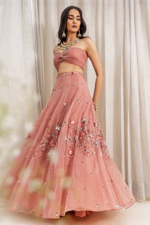 Dusty Pink Embroidered Organza Lehenga Set Fabilicious Fashion - Fabilicious Fashion