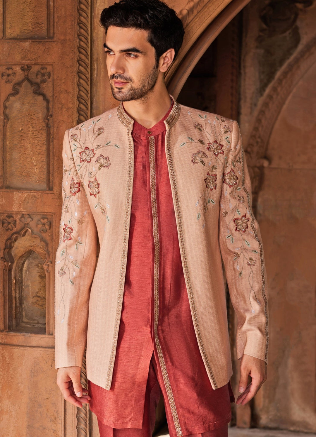 Dusty Pink Floral Embroidered Jacket Set Contrast By Parth - Fabilicious Fashion