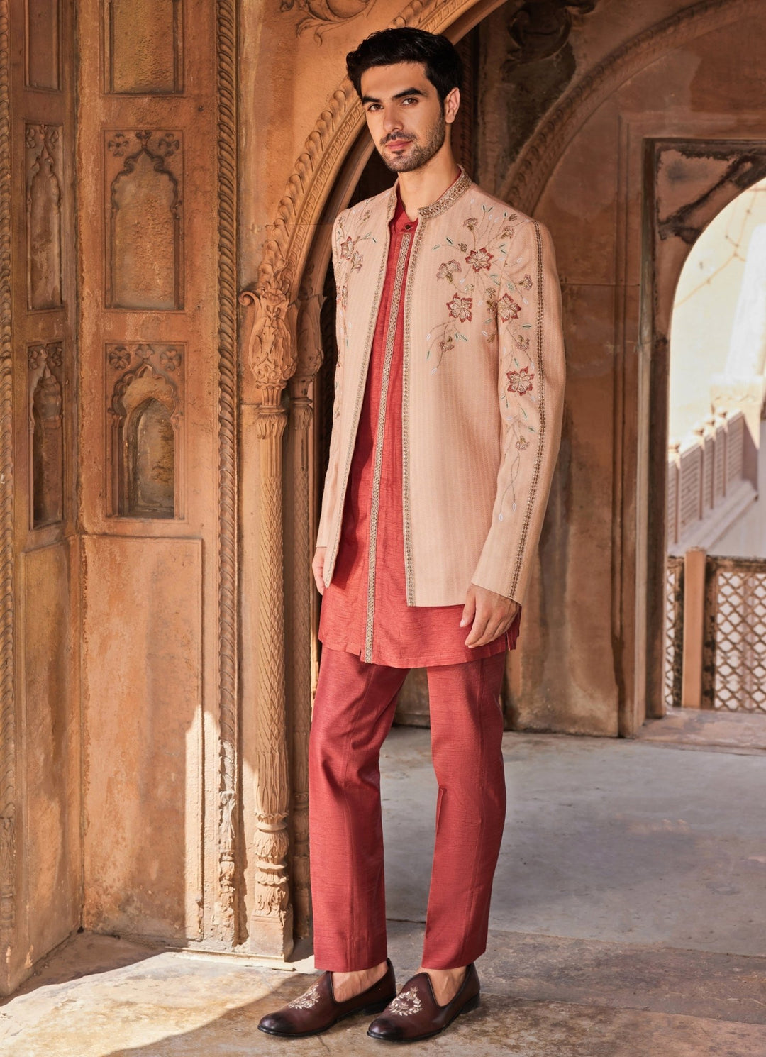 Dusty Pink Floral Embroidered Jacket Set Contrast By Parth - Fabilicious Fashion