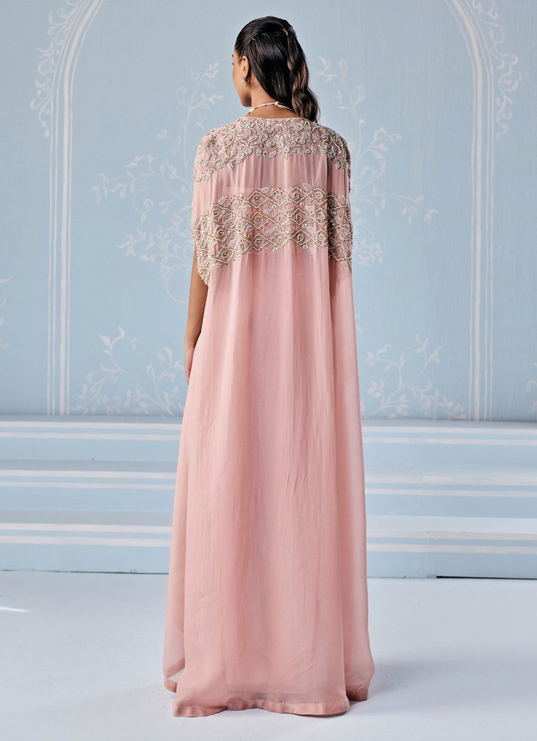 Dusty Pink Georgette Drape Skirt With Corset And Cape Seema Thukral - Fabilicious Fashion