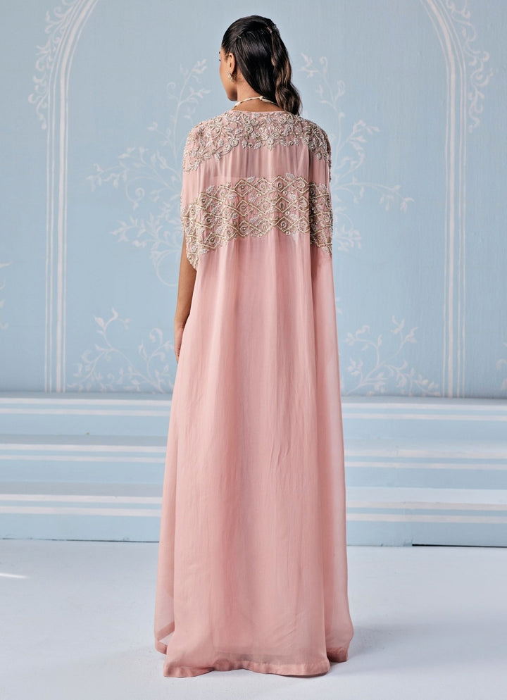 Dusty Pink Georgette Drape Skirt With Corset And Cape Seema Thukral - Fabilicious Fashion
