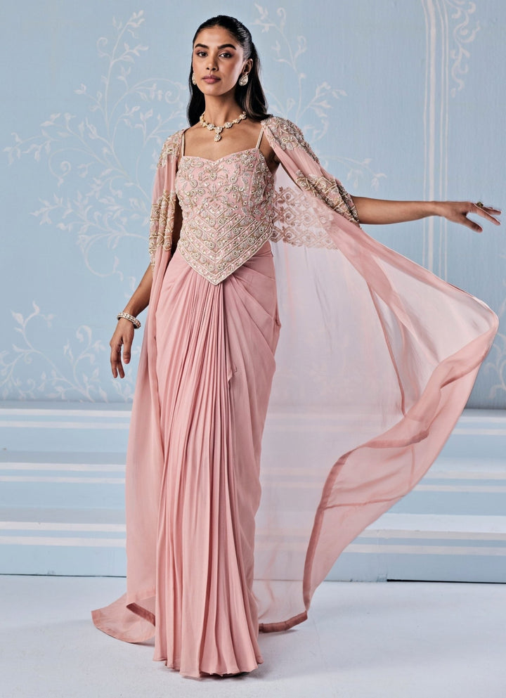 Dusty Pink Georgette Drape Skirt With Corset And Cape Seema Thukral - Fabilicious Fashion