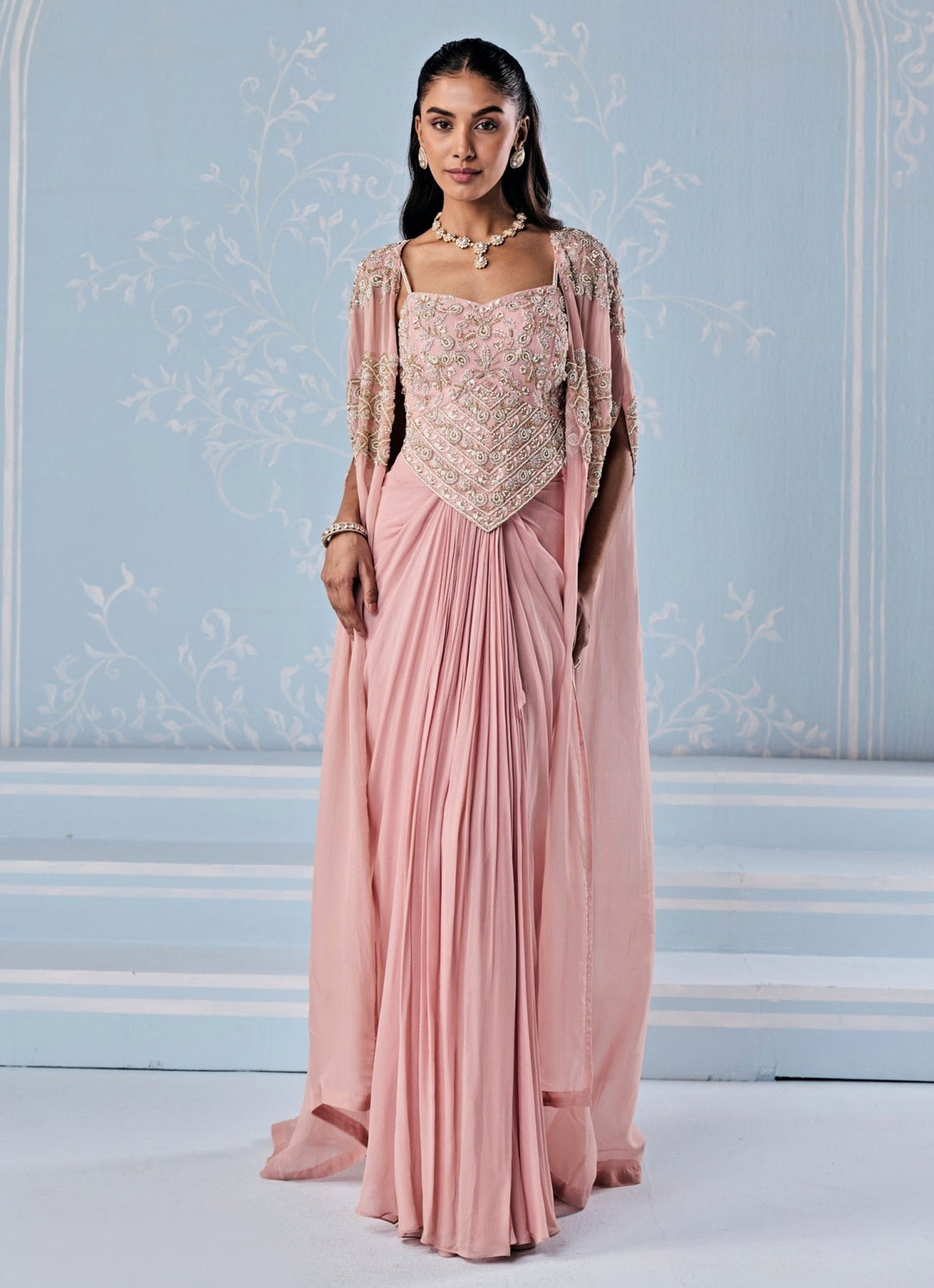 Dusty Pink Georgette Drape Skirt With Corset And Cape Seema Thukral - Fabilicious Fashion