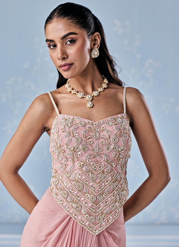 Dusty Pink Georgette Drape Skirt With Corset And Cape Seema Thukral - Fabilicious Fashion