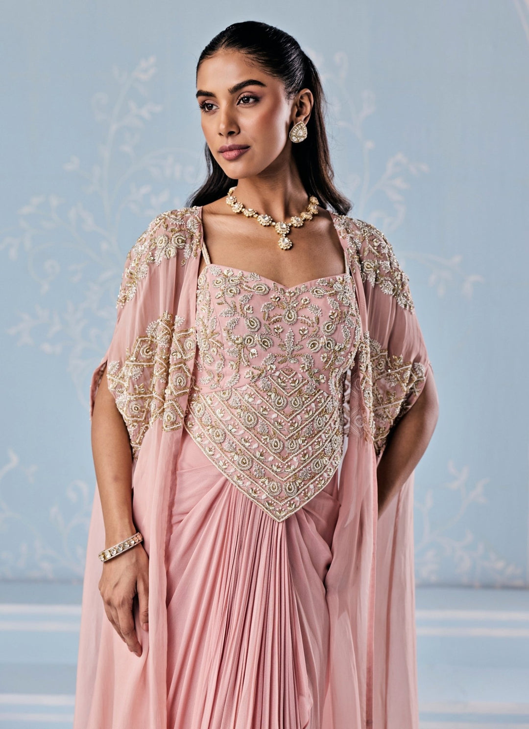 Dusty Pink Georgette Drape Skirt With Corset And Cape Seema Thukral - Fabilicious Fashion