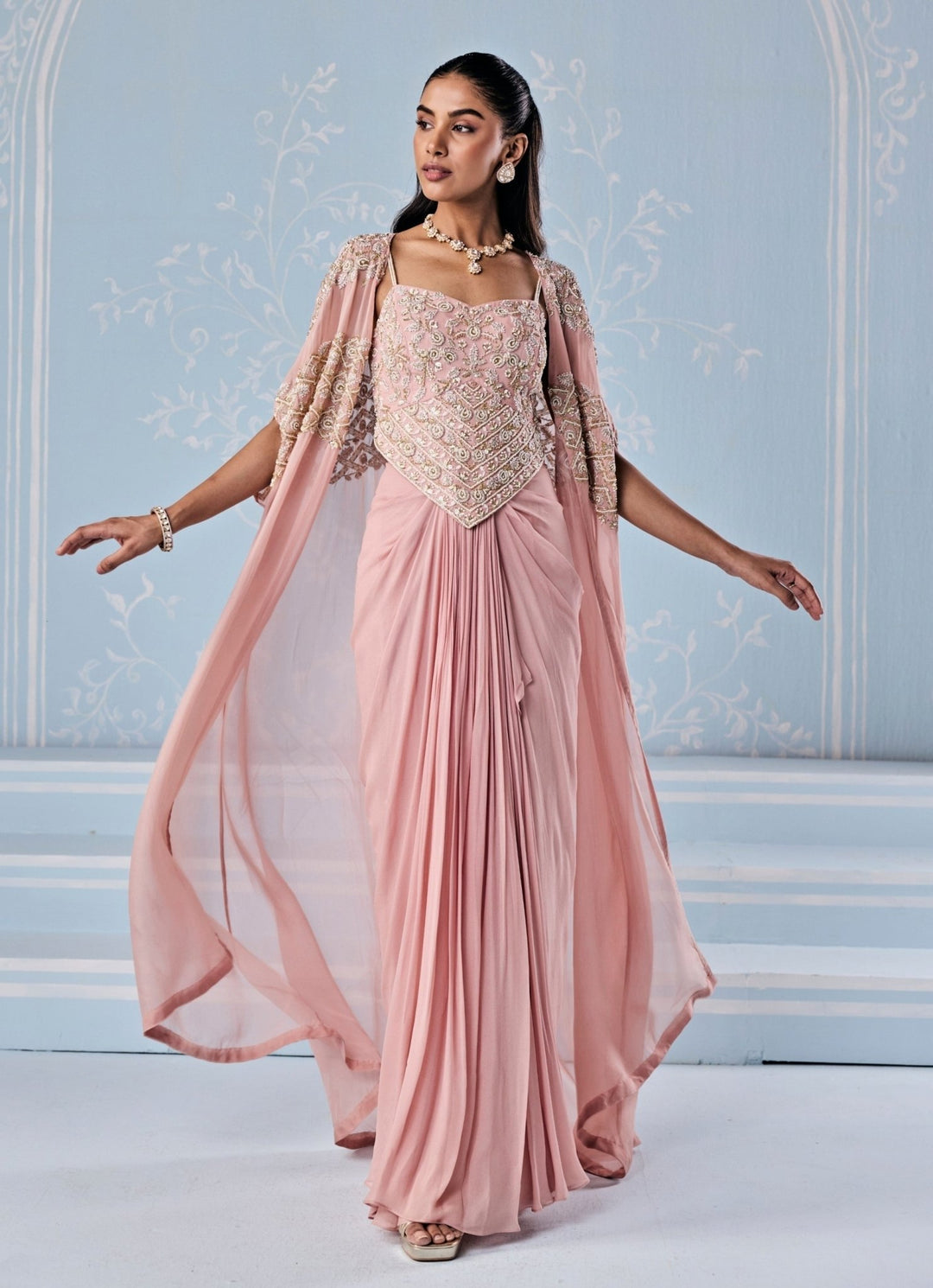 Dusty Pink Georgette Drape Skirt With Corset And Cape Seema Thukral - Fabilicious Fashion