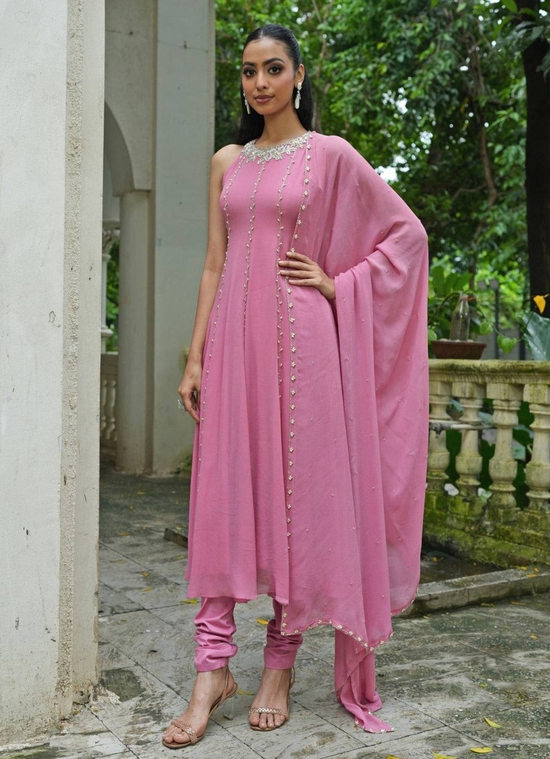 Dusty Pink Georgette High - Neck Anarkali Set Enamour by Radha - Fabilicious Fashion