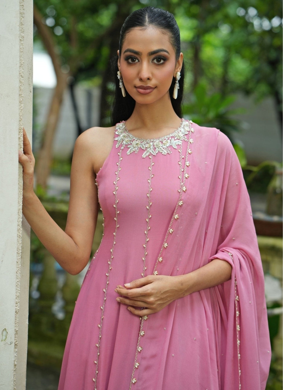 Dusty Pink Georgette High - Neck Anarkali Set Enamour by Radha - Fabilicious Fashion