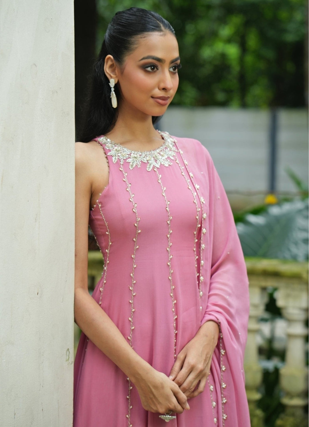 Dusty Pink Georgette High - Neck Anarkali Set Enamour by Radha - Fabilicious Fashion