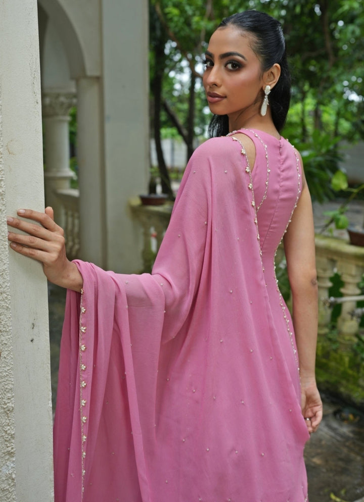Dusty Pink Georgette High - Neck Anarkali Set Enamour by Radha - Fabilicious Fashion