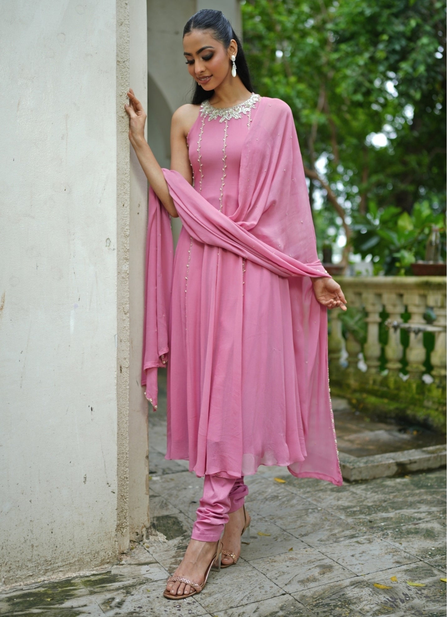 Dusty pink georgette anarkali sharara — kurta sharara for destination wedding evenings