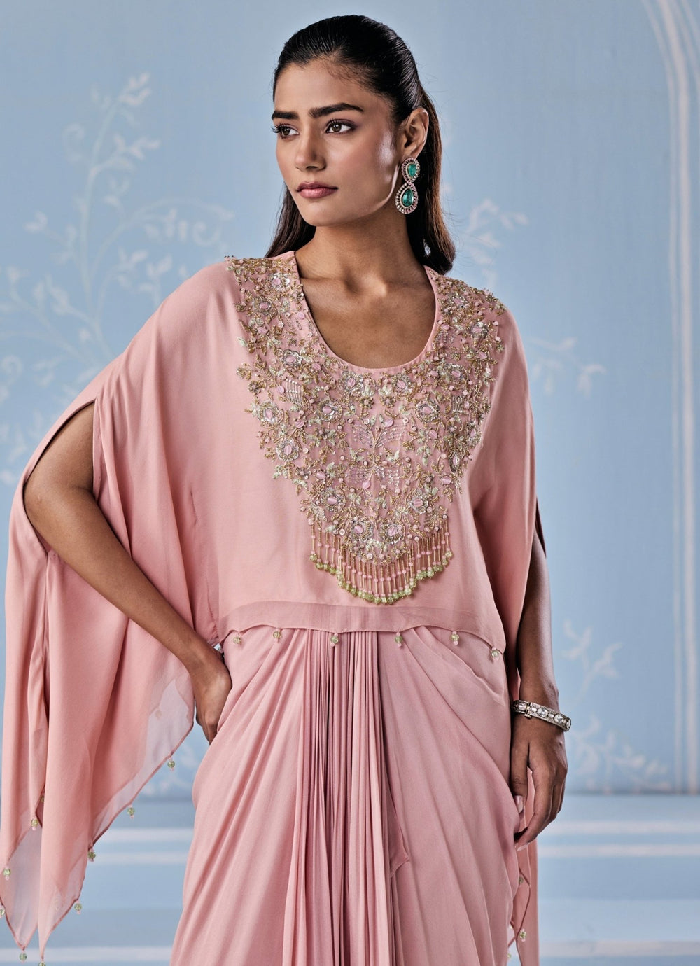 Dusty Pink Georgette Kaftan With Draped Skirt Seema Thukral - Fabilicious Fashion