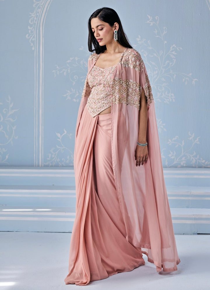 Seema Thukral Dusty Pink Georgette Pre - Draped Saree With Corset And CapeFabilicious Fashion