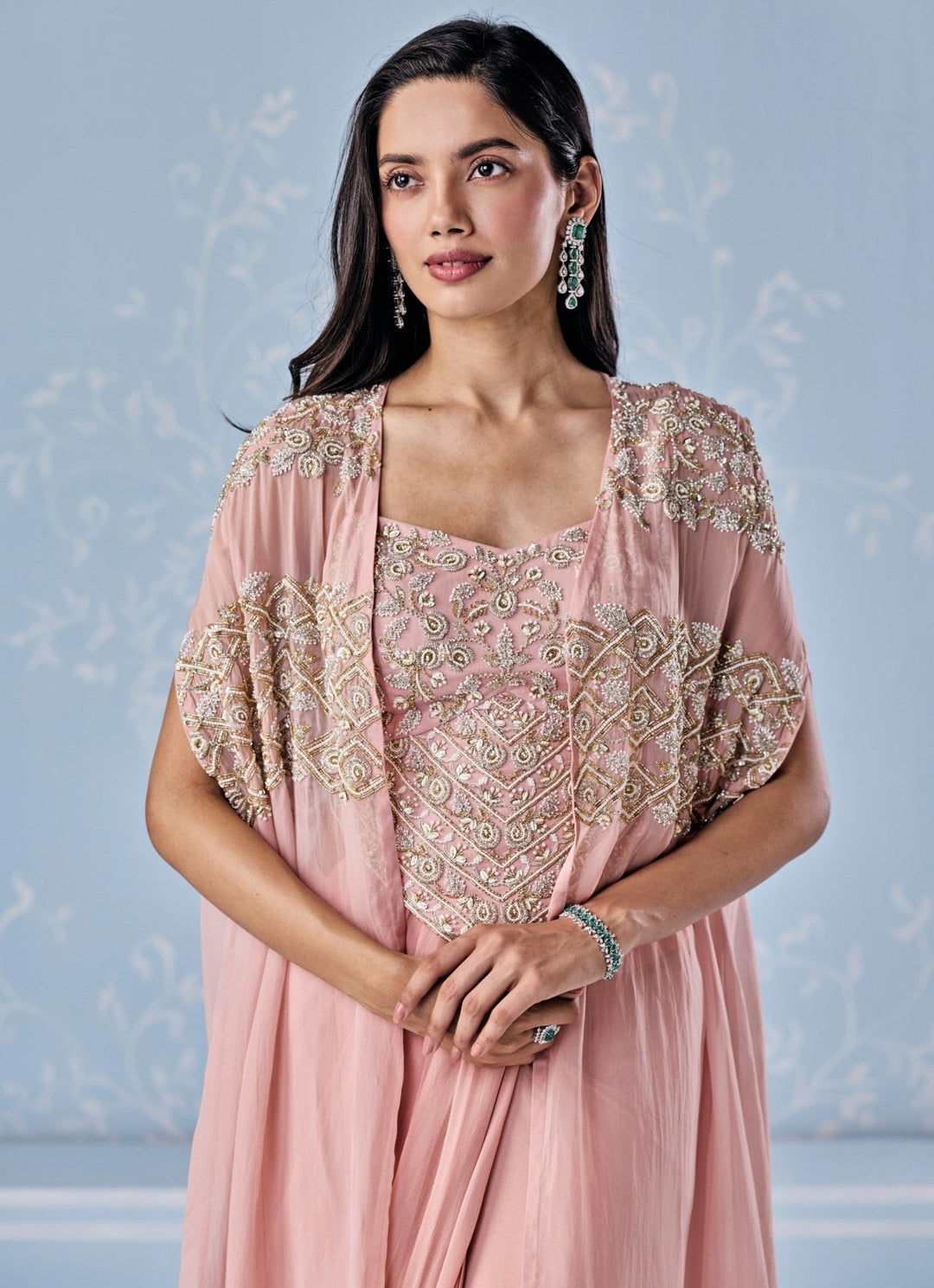 Seema Thukral Dusty Pink Georgette Pre - Draped Saree With Corset And CapeFabilicious Fashion