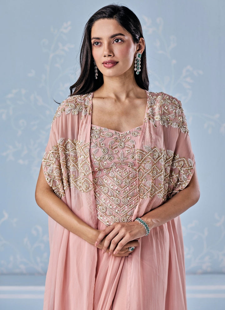 Seema Thukral Dusty Pink Georgette Pre - Draped Saree With Corset And CapeFabilicious Fashion