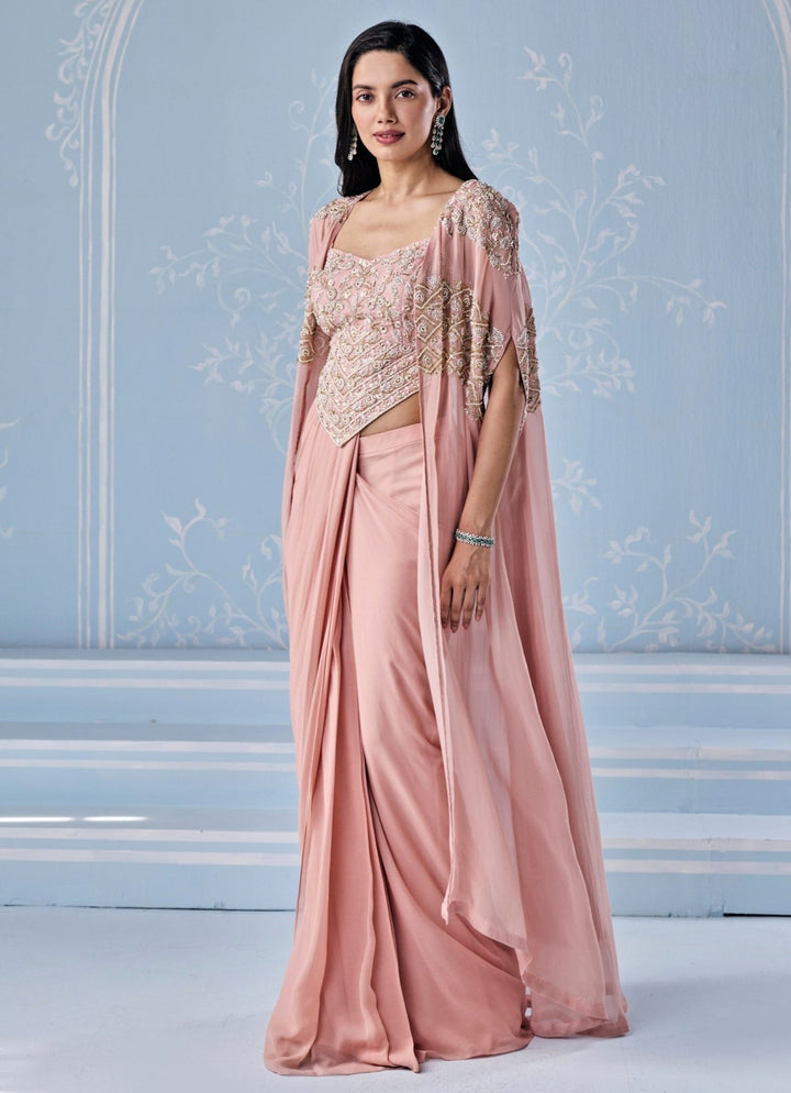 Seema Thukral Dusty Pink Georgette Pre - Draped Saree With Corset And CapeFabilicious Fashion