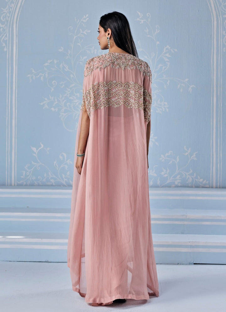 Seema Thukral Dusty Pink Georgette Pre - Draped Saree With Corset And CapeFabilicious Fashion