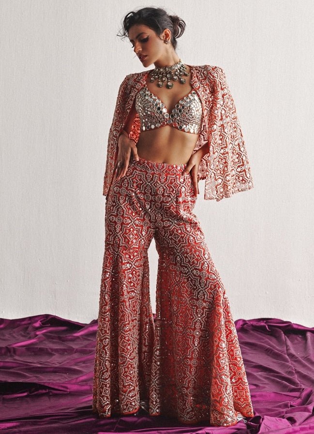 Dusty Pink Mirrorwork Sharara Set With Bralette And Cape Twenty Nine - Fabilicious Fashion