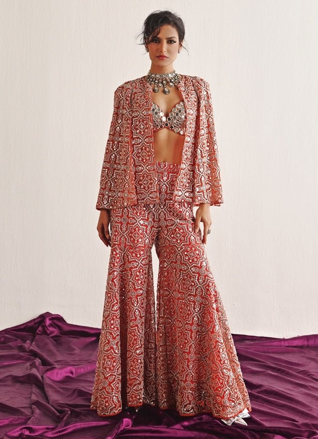Dusty Pink Mirrorwork Sharara Set With Bralette And Cape Twenty Nine - Fabilicious Fashion