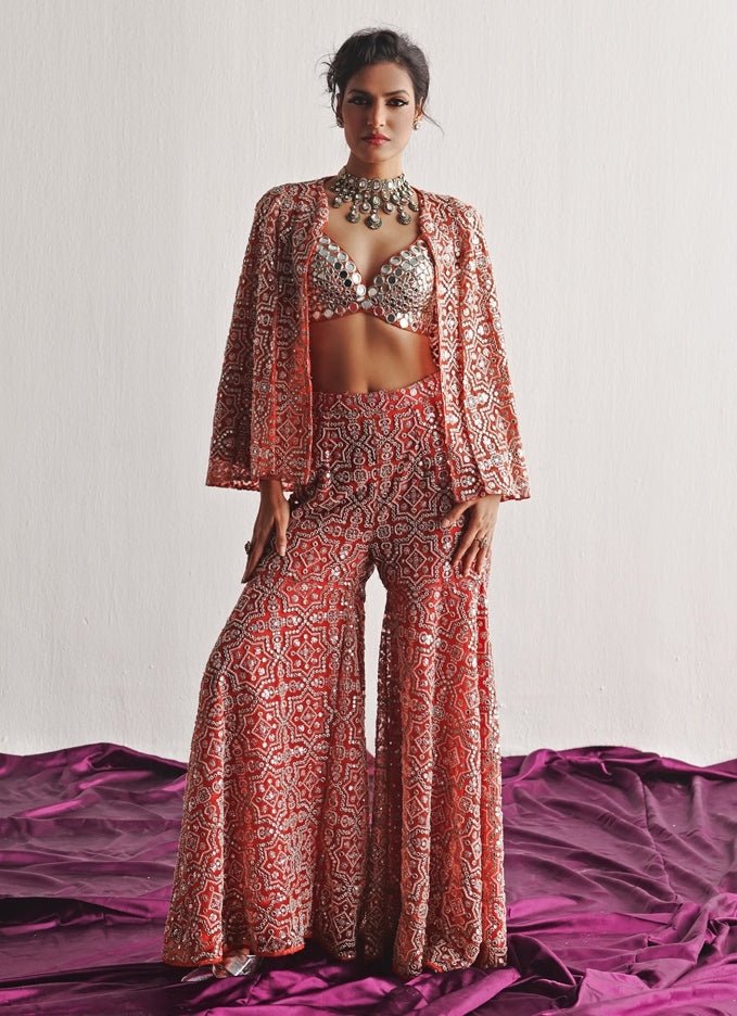 Dusty Pink Mirrorwork Sharara Set With Bralette And Cape Twenty Nine - Fabilicious Fashion