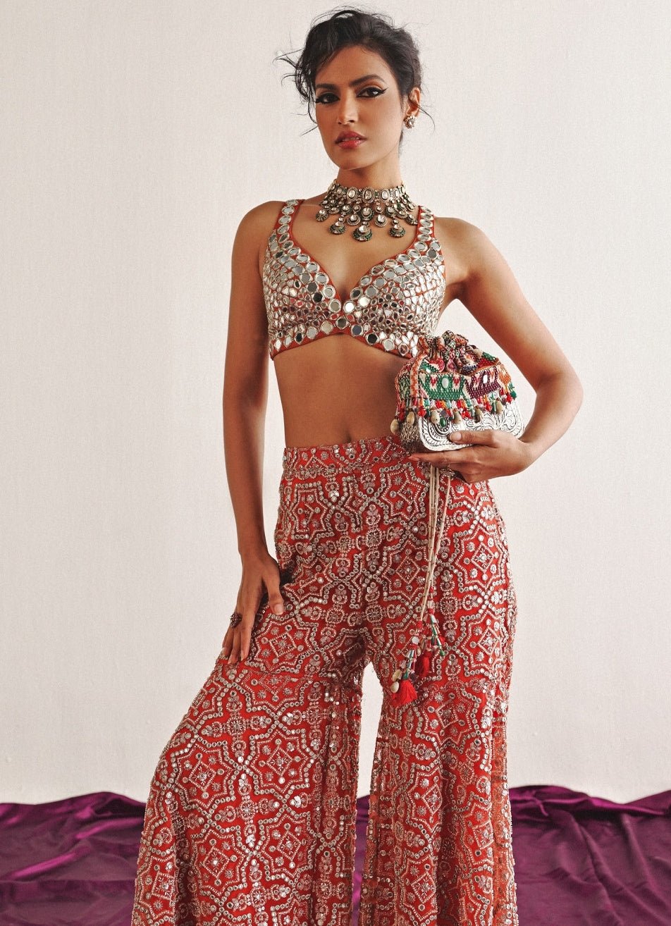 Dusty Pink Mirrorwork Sharara Set With Bralette And Cape Twenty Nine - Fabilicious Fashion