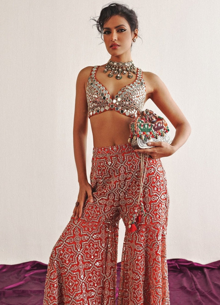 Dusty Pink Mirrorwork Sharara Set With Bralette And Cape Twenty Nine - Fabilicious Fashion