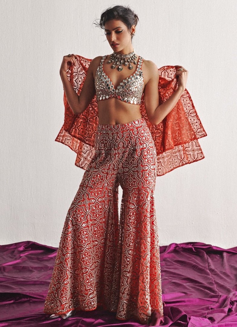 Dusty Pink Mirrorwork Sharara Set With Bralette And Cape Twenty Nine - Fabilicious Fashion
