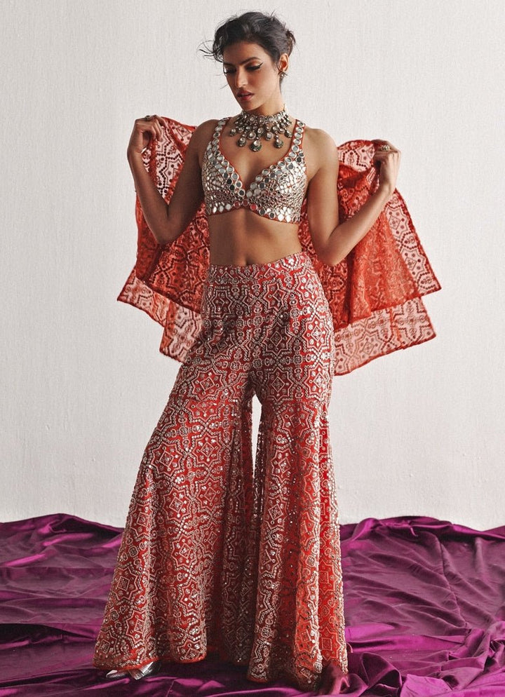 Dusty Pink Mirrorwork Sharara Set With Bralette And Cape Twenty Nine - Fabilicious Fashion